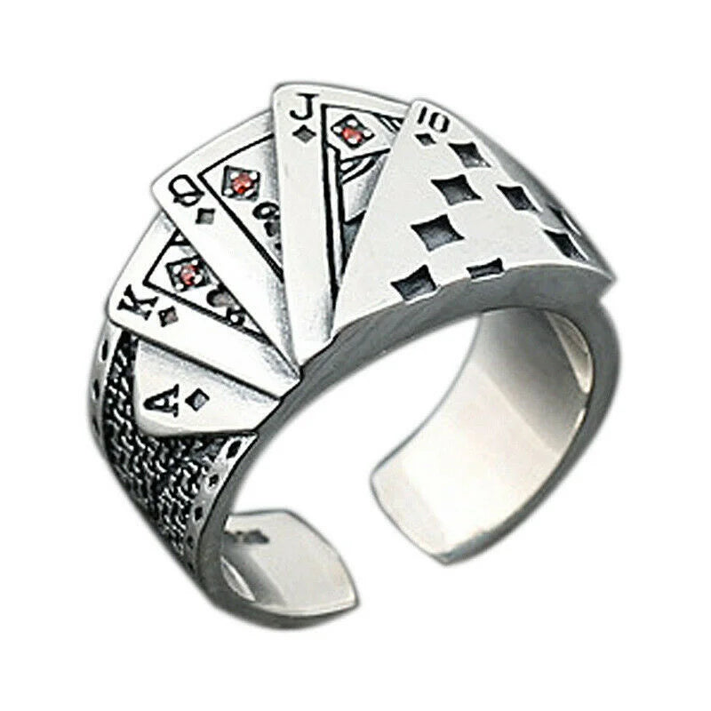 Anillo de cartas de juego de plata con personalidad ajustable, joyería de fiesta de moda para mujer