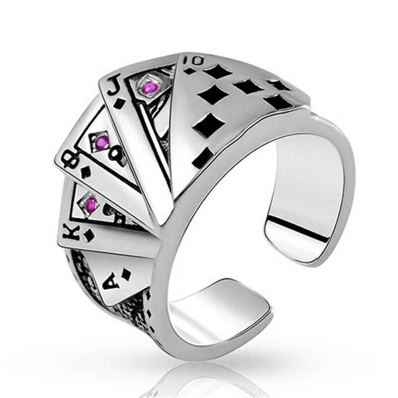 Anillo de cartas de juego de plata con personalidad ajustable, joyería de fiesta de moda para mujer