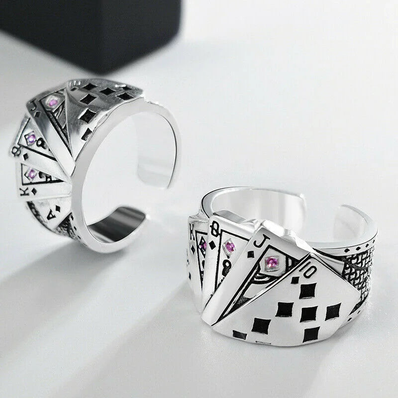 Anillo de cartas de juego de plata con personalidad ajustable, joyería de fiesta de moda para mujer