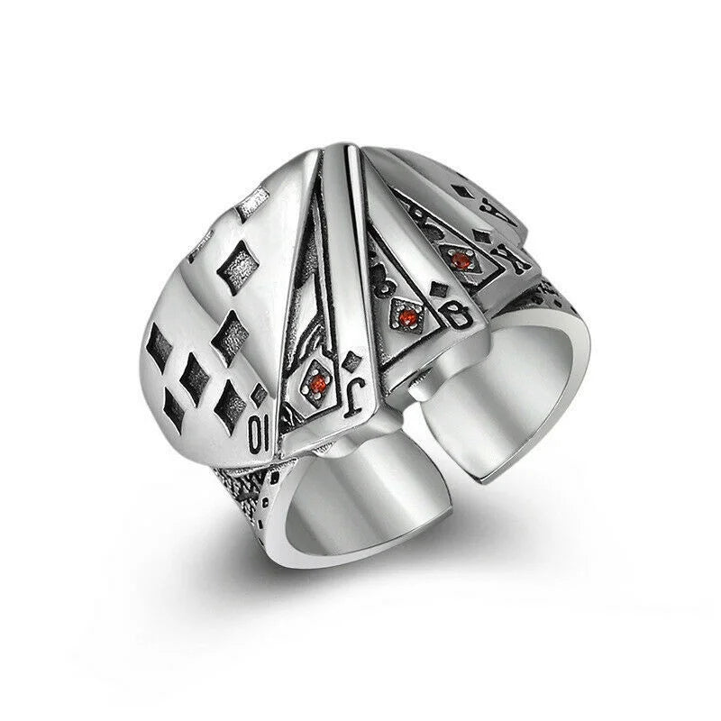 Anillo de cartas de juego de plata con personalidad ajustable, joyería de fiesta de moda para mujer