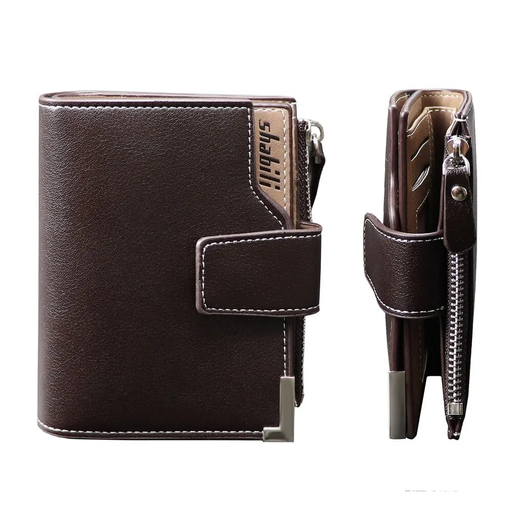 Billetera corta de cuero PU para hombre, tarjetero de bolsillo para monedas con cremallera, soporte para fotos de mano, monederos de marca