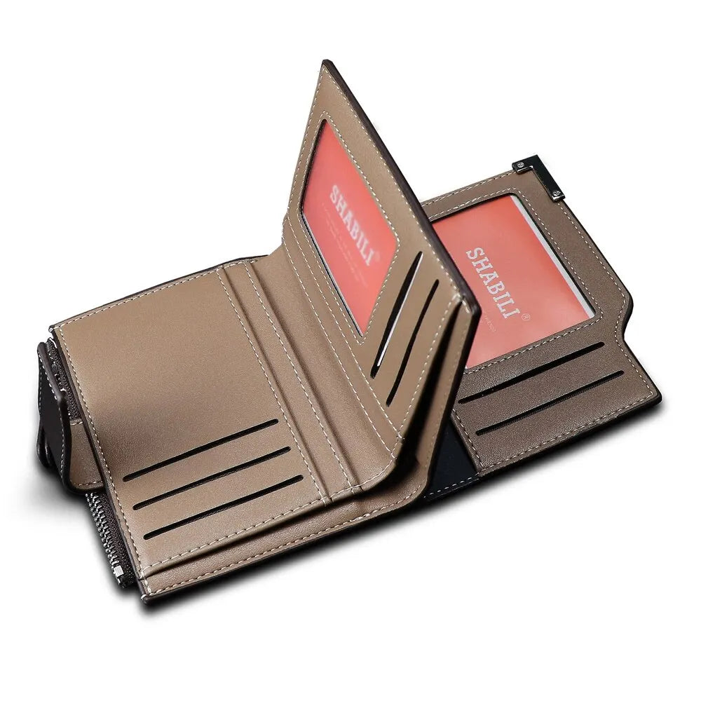 Billetera corta de cuero PU para hombre, tarjetero de bolsillo para monedas con cremallera, soporte para fotos de mano, monederos de marca