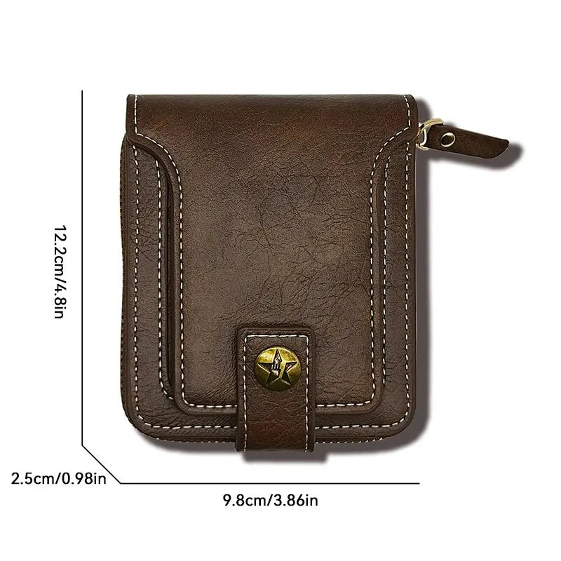Billetera pequeña de cuero Pu Vintage para hombre, bolsillo para monedas con hebilla de cremallera Horizontal corta, estuche para tarjetas de tres pliegues, monedero
