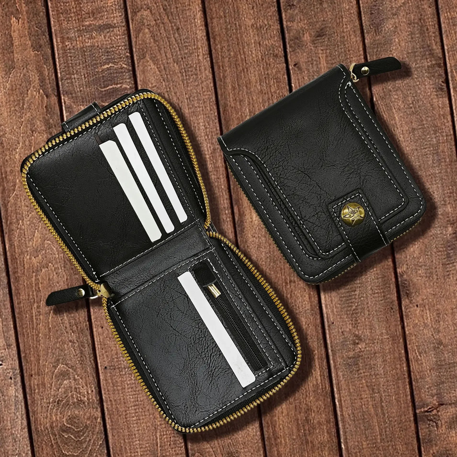 Billetera pequeña de cuero Pu Vintage para hombre, bolsillo para monedas con hebilla de cremallera Horizontal corta, estuche para tarjetas de tres pliegues, monedero