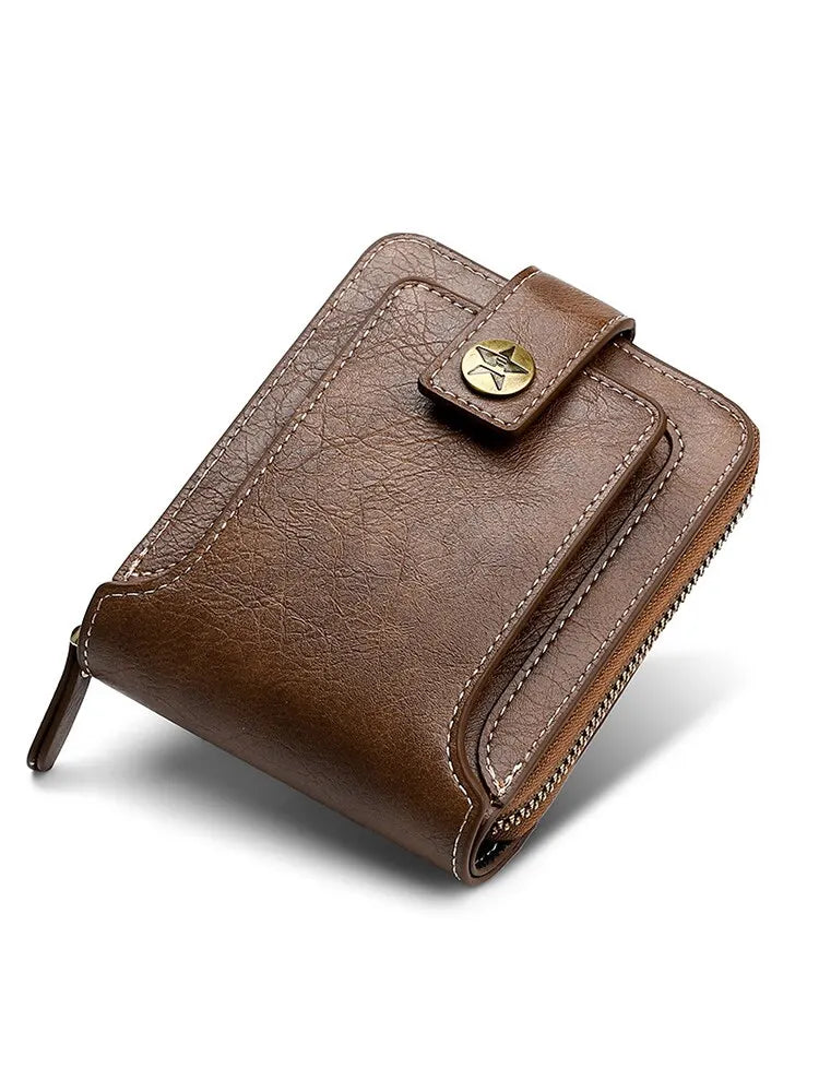 Billetera pequeña de cuero Pu Vintage para hombre, bolsillo para monedas con hebilla de cremallera Horizontal corta, estuche para tarjetas de tres pliegues, monedero