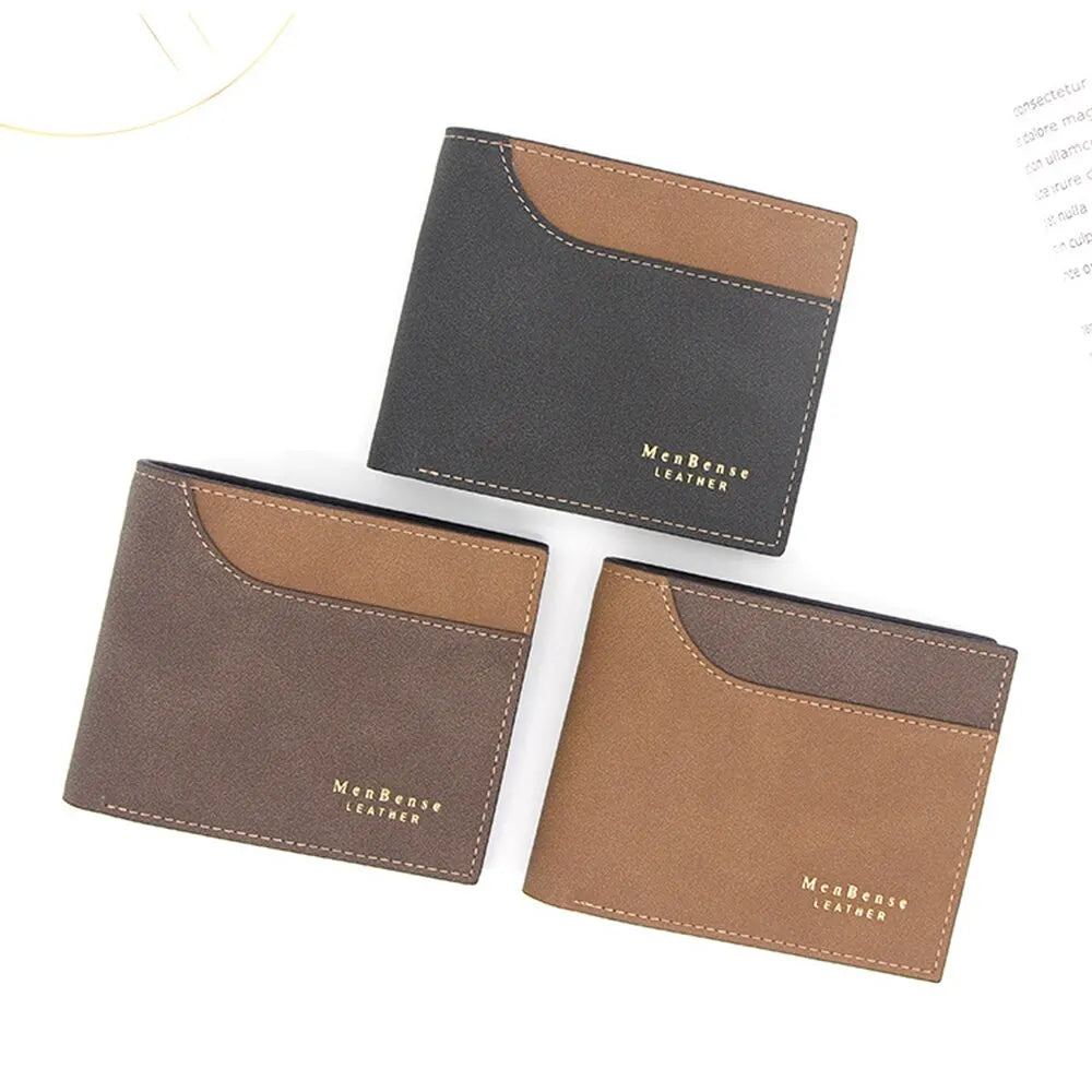 Billeteras cortas de cuero PU para hombre, tarjetero delgado de alta calidad, tarjetero pequeño para fotos, bolso esmerilado de 3 pliegues, novedad
