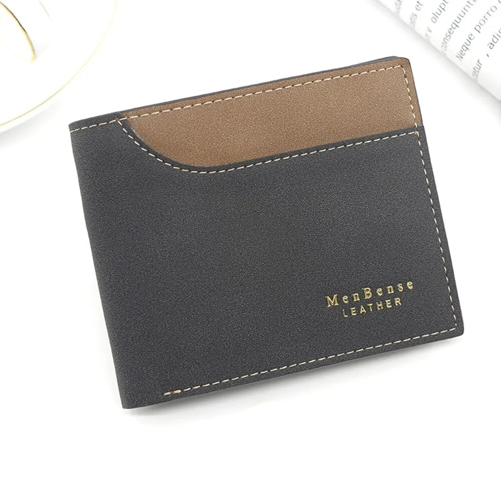 Billeteras cortas de cuero PU para hombre, tarjetero delgado de alta calidad, tarjetero pequeño para fotos, bolso esmerilado de 3 pliegues, novedad