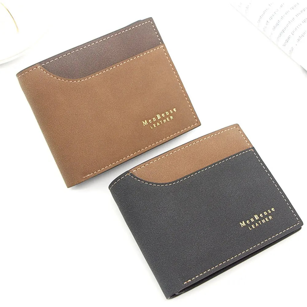 Billeteras cortas de cuero PU para hombre, tarjetero delgado de alta calidad, tarjetero pequeño para fotos, bolso esmerilado de 3 pliegues, novedad