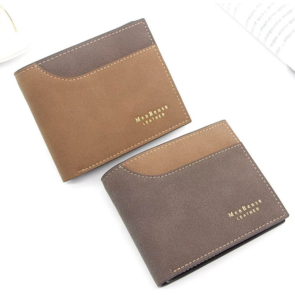 Billeteras cortas de cuero PU para hombre, tarjetero delgado de alta calidad, tarjetero pequeño para fotos, bolso esmerilado de 3 pliegues, novedad