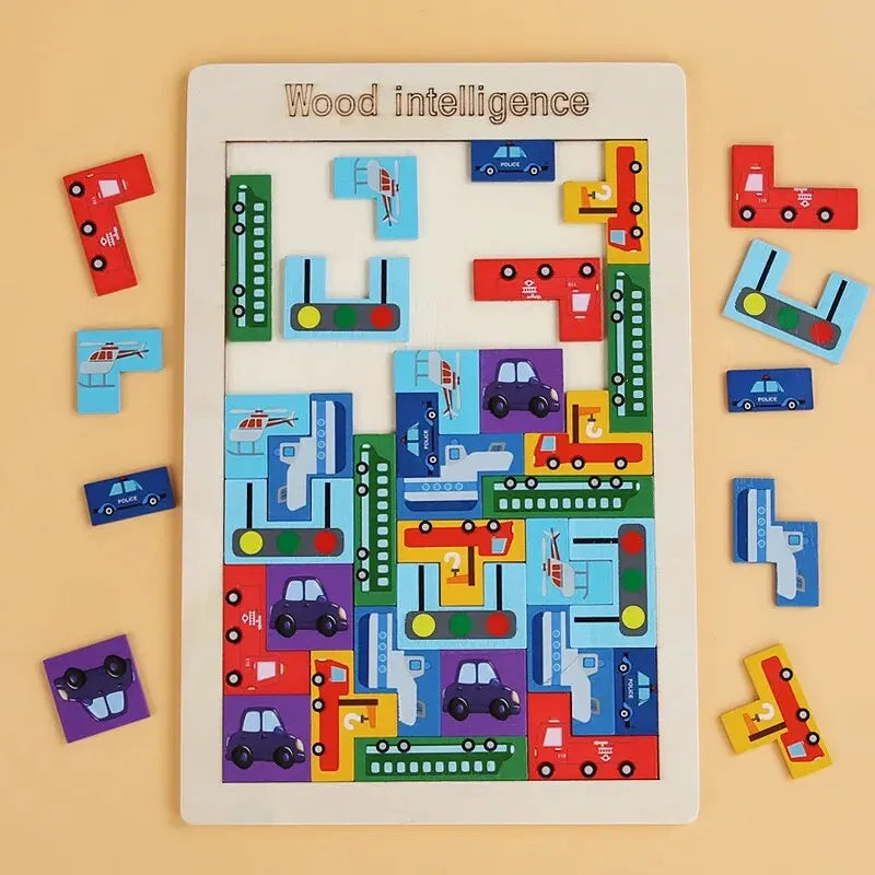 Bloques de construcción de madera, juego de tráfico, rompecabezas, inteligencia, juego de lógica, bloque educativo temprano, aprendizaje
