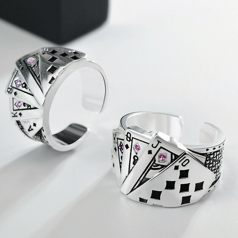 Anillo de cartas de juego de plata con personalidad ajustable, joyería de fiesta de moda para mujer