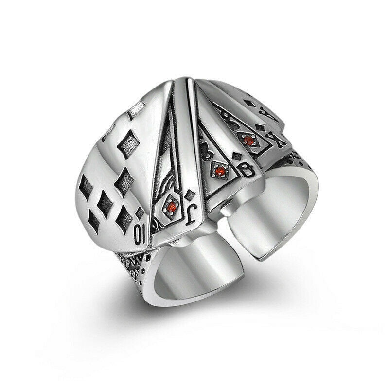 Anillo de cartas de juego de plata con personalidad ajustable, joyería de fiesta de moda para mujer